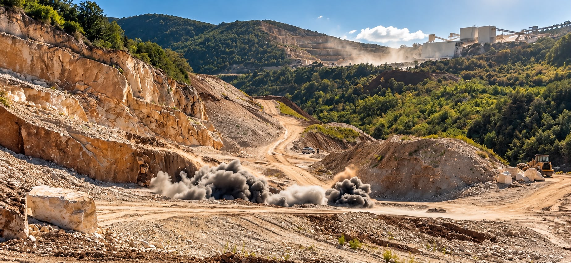 Estrazione in cava G.P.R. Marmi, mezzi al lavoro